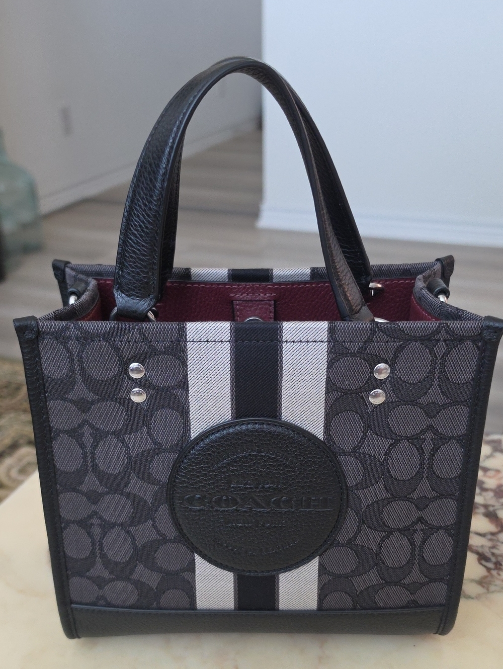 Coach Gray and Black Signature Stripe Mini Tote with Burgundy Interior
